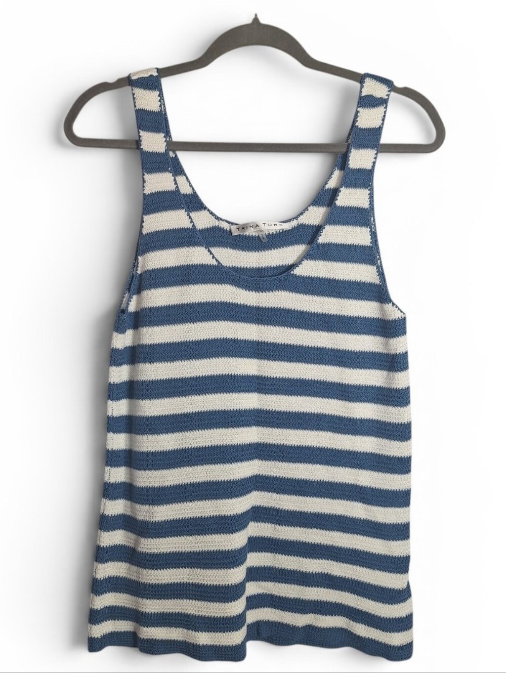 Trina Turk Striped Knit Sweater Tank Top Blue & Cream Womens Lightweight Large